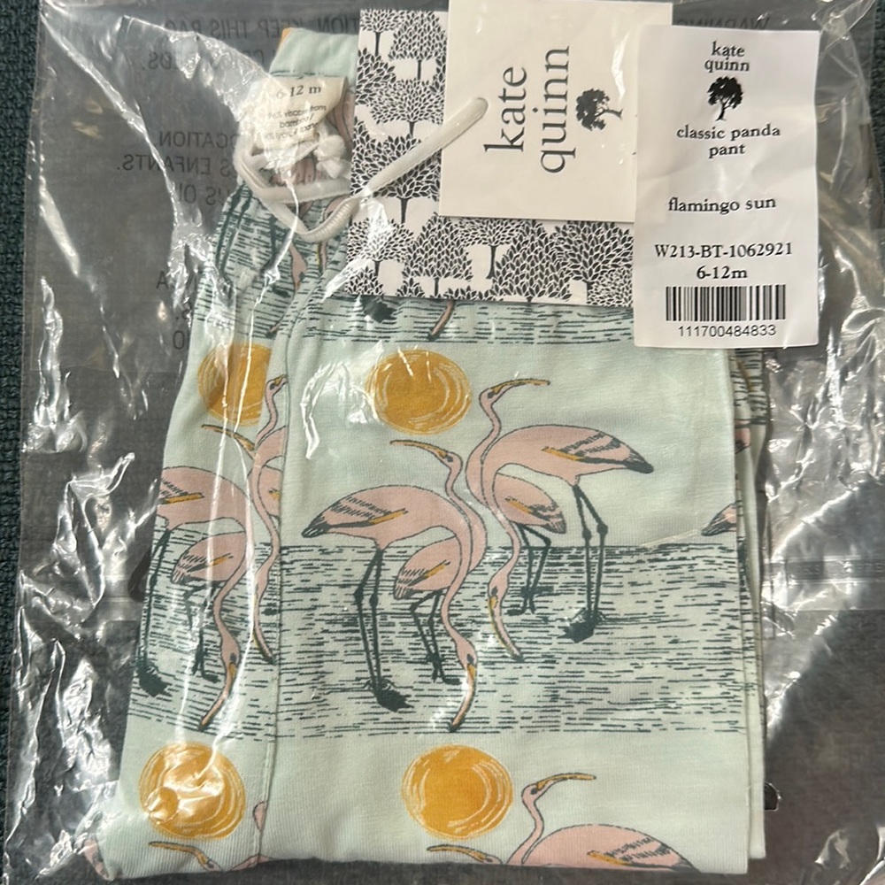 Kate Quinn flamingo sun panda pant size 6-12 months. New in bag. 95% bamboo